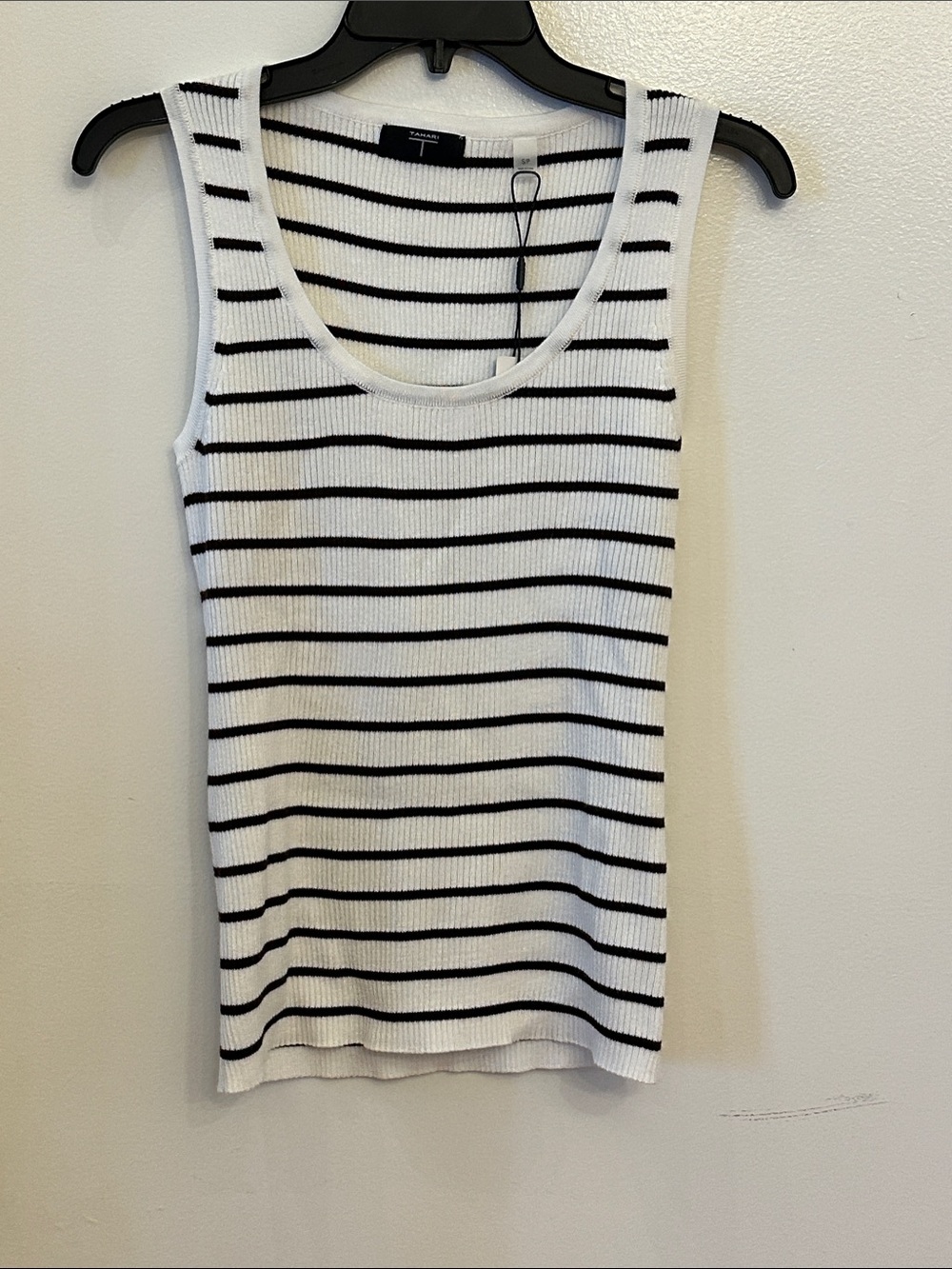 Tahari White and Brown Striped Ribbed Tank
